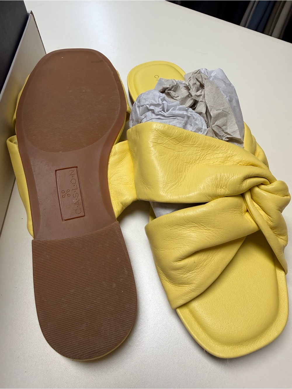 Loeffler Randall Yellow Knotted Leather Slide Sandals